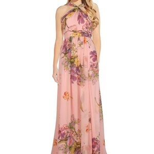 Adrianna Papell Blush Pink Floral Maxi Dress with Floral Watercolor Design